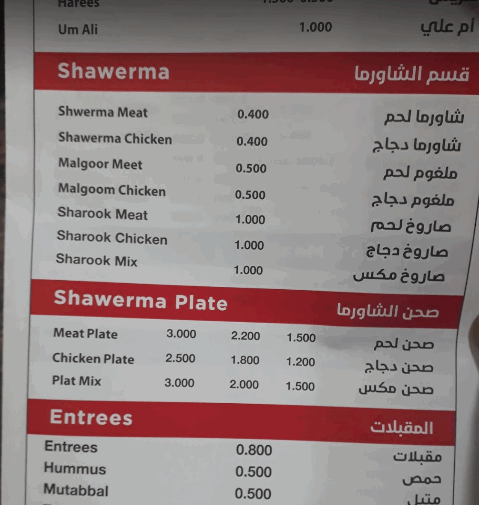 مطعم قصر الطير منيو